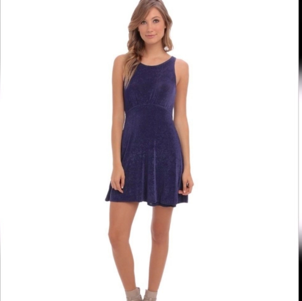 Free People Women's Blue "Lady Jane" Lace Trim Keyhole Skater Mini Dress